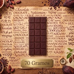 Moldes para Chocolate de Policarbonato Barra 70g Grabado Chocolate 18 Idiomas Cavidades: 1 Material: Policarbonato Grado Alimenticio Peso: 70 g Ancho: 69 mm Largo: 148 mm Alto: 7 mm